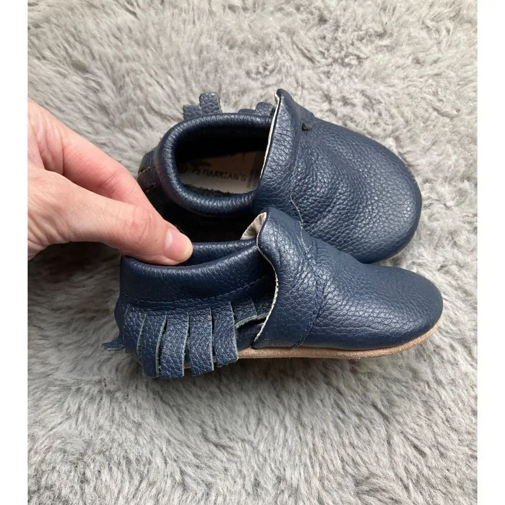 Marrians navy leather mini moccasins